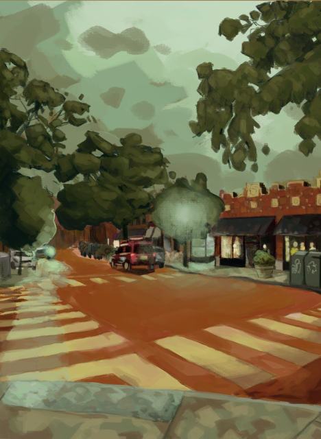 Digital painting of a town center